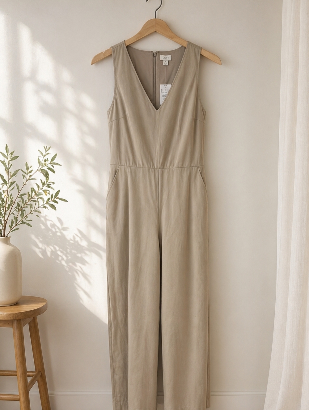 Sleeveless Beige Linen Jumpsuit J.Crew Size 0 Khaki Wide Leg Belt